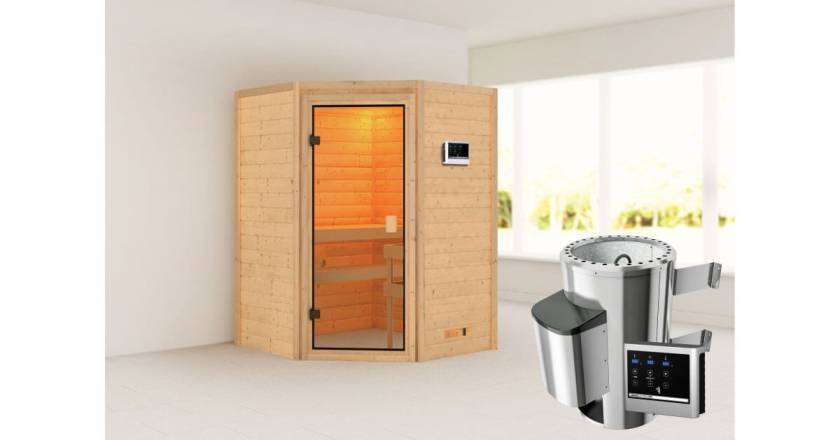 Karibu Ecksauna Antonia + 3,6kW Plug&Play Ofen externe Steuerung