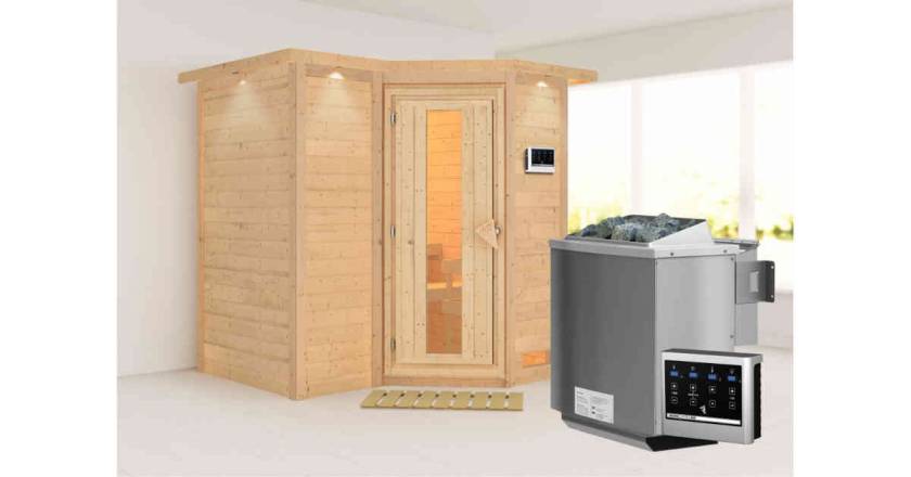 Karibu Sauna Sahib 1 mit Dachkranz + 9kW BIO-Kombiofen mit ext. Steuerung Easy