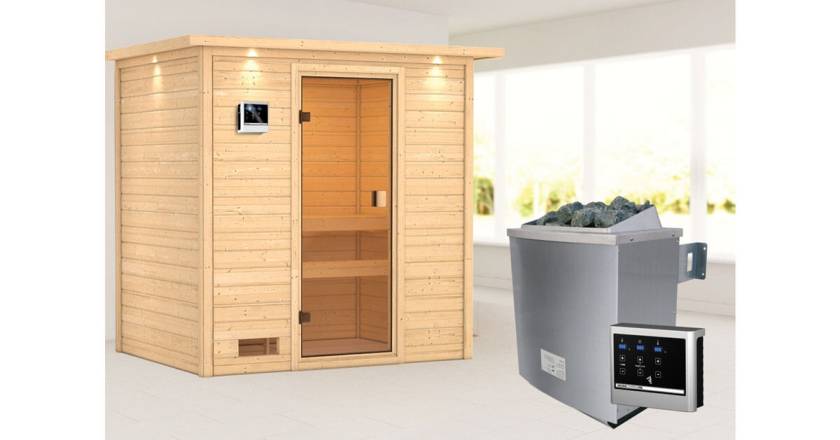 Karibu Sauna Selena mit Dachkranz + 9kW Saunaofen mit ext. Steuerung Easy