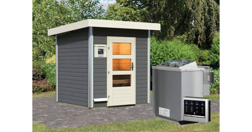 Karibu Sauna Torge Terragrau + 9 kW BIO-Kombiofen mit ext. Steuerung Easy