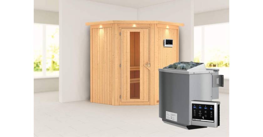 Karibu Sauna Taurin mit Dachkranz + 9kW BIO-Kombiofen mit ext. Steuerung Easy