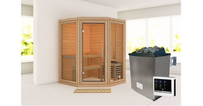 Karibu Sauna Yuma mit 9 kW Ofen mit externer Steuerung
