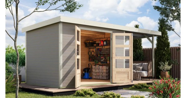 Karibu Hybridhaus Jupiter 5 D mit Anbau 299 x 243 cm wassergrau