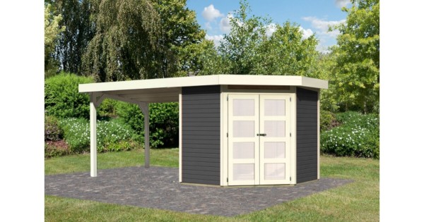 Karibu Gartenhaus 19mm Goldendorf 3 mit Anbau 468x217 cm terragrau