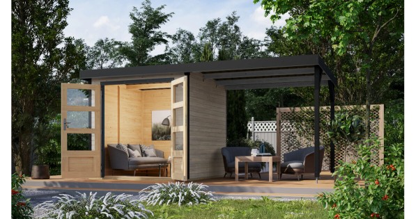 Karibu Hybrid-Gartenhaus Jupiter D mit Anbau wassergrau 209x213cm
