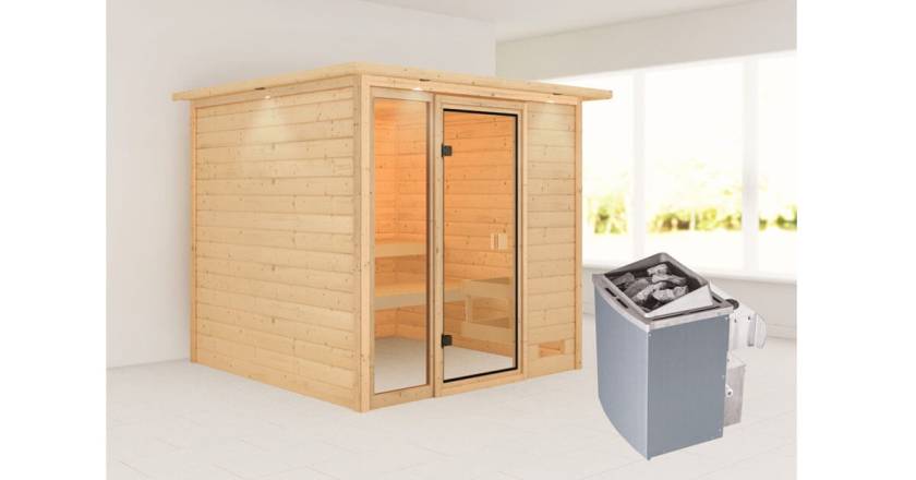 Karibu Sauna Jutta mit Dachkranz + 9kW Saunaofen mit integrierter Steuerung