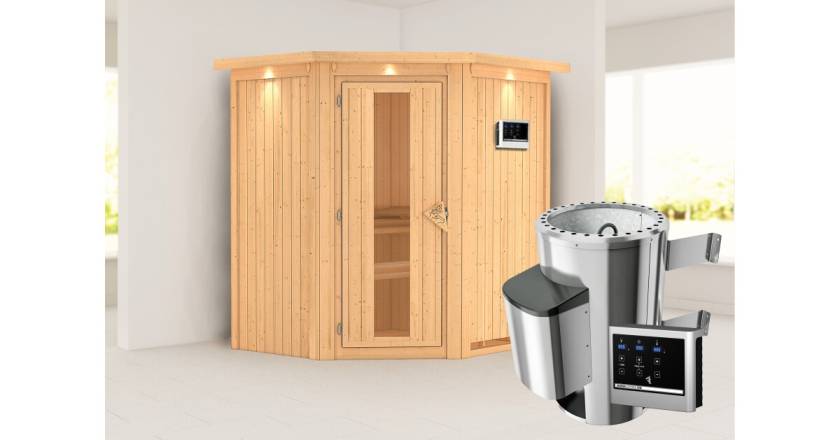 Karibu Sauna Tonja mit Dachkranz + 3,6kW Saunaofen mit ext. Steuerung Easy
