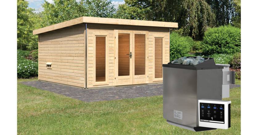 Karibu Sauna Mainburg 3 naturbelassen mit Vorraum + 9 kW BIO-Kombiofen mit ext. Steuerung Easy