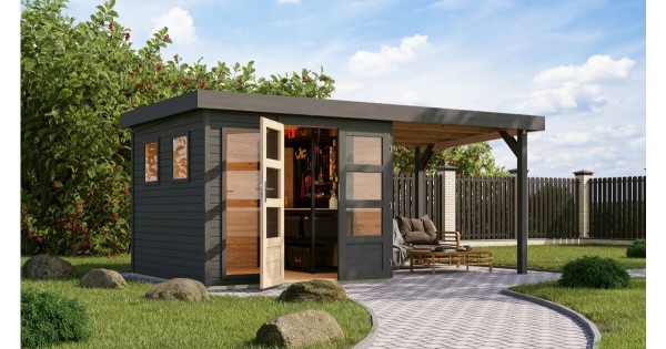 Karibu Gartenhaus 19 mm Lahar 3,5 terragrau mit Anbau 242 x 246 cm