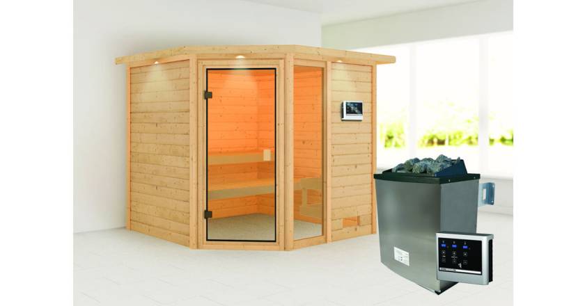 Karibu Sauna Tabea mit Dachkranz + 9kW Saunaofen mit ext. Steuerung