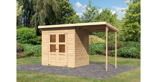 Karibu Gartenhaus 14mm Merseburg 3 Gerätehaus mit Anbau 370 x 154 cm unbehandelt