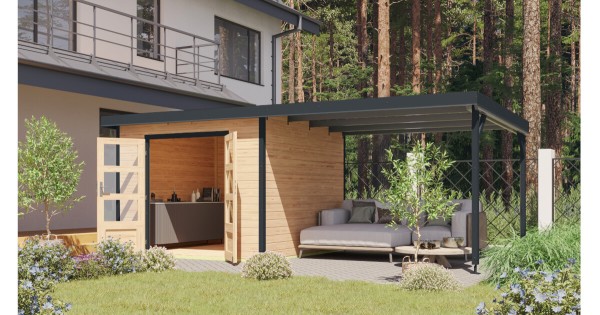 Karibu Hybrid Gartenhaus Pluto 6 A 28 mm Blockbohlenhaus 271x271 cm mit Anbau 3 m unbehandelt