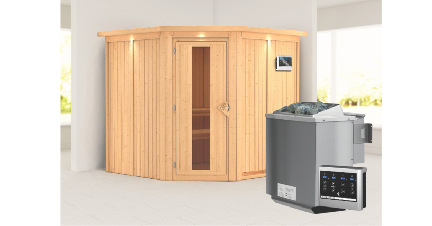 Karibu Sauna Jarin mit Dachkranz + 9kW BIO-Kombiofen mit ext. Steuerung Easy