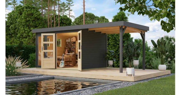 Karibu Gartenhaus 19 mm Lahar 5 terragrau mit Anbau 302 x 246 cm