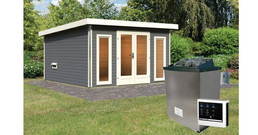 Karibu Sauna Mainburg 3 terragrau mit Vorraum + 9 kW Saunaofen mit ext. Steuerung Easy