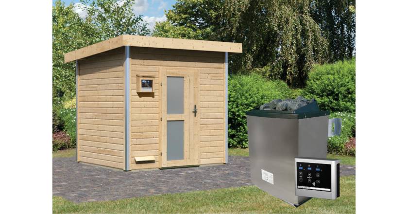 Karibu Sauna Norge naturbelassen + 9 kW Saunaofen mit ext. Steuerung Easy