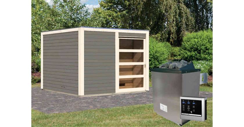 Karibu Sauna Cuben Terragrau +9 kW Saunaofen mit ext. Steuerung Easy