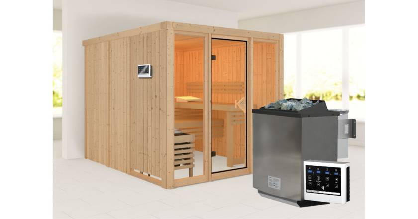 Karibu Sauna Askja + 9kW BIO-Kombiofen mit ext. Steuerung Easy