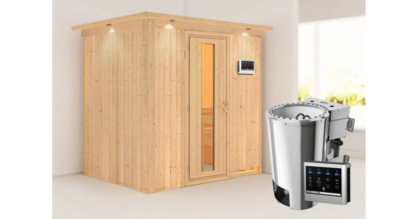 Karibu Sauna Fanja mit Dachkranz + 3,6kW BIO-Kombiofen mit ext. Steuerung Easy