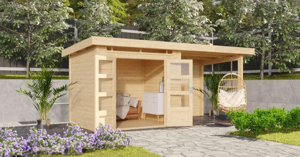 Karibu Gartenhaus 28mm Kandern 2 mit Anbau 2,35m unbehandelt