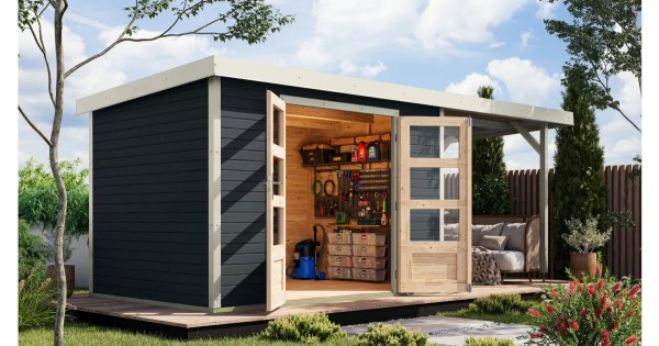 Karibu Hybridhaus Jupiter 5 C mit Anbau 299 x 243 cm anthrazit