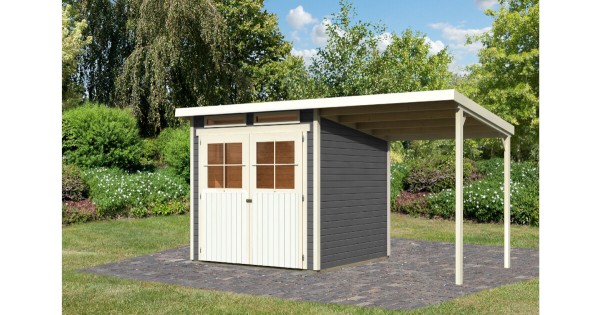 Karibu Gartenhaus 19mm Glücksburg 3 mit Anbau 397x217 cm terragrau