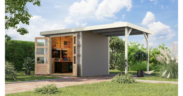 Karibu Hybrid Gartenhaus Jupiter 3 D 19 mm 234x209 cm mit Anbau wassergrau