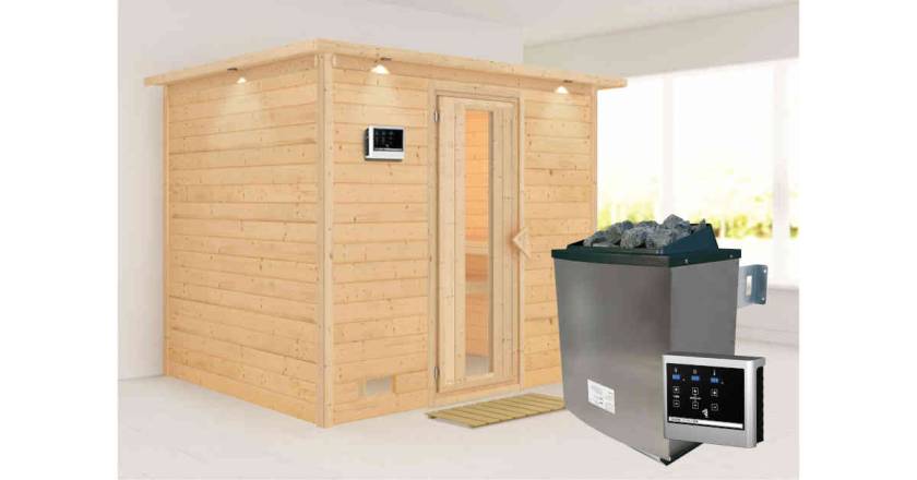 Karibu Sauna Sonara mit Dachkranz + 9kW Saunaofen mit ext. Steuerung Easy