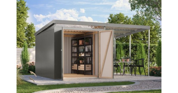 Karibu Metallhaus Iridium 2,5 Graualuminium mit Anbaudach 414 x 292 cm