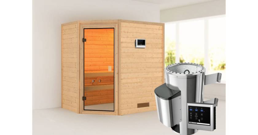 Karibu Ecksauna Jella + 3,6kW Plug&Play Ofen externe Steuerung