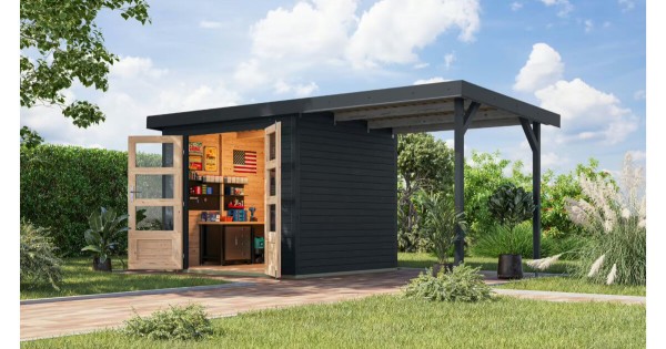 Karibu Hybrid Gartenhaus Jupiter 3 C 19 mm 234x209 cm mit Anbau anthrazit