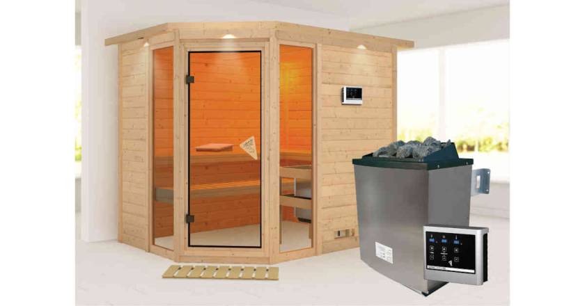 Karibu Sauna Sinai 3 mit Dachkranz + 9kW Saunaofen mit ext. Steuerung Easy