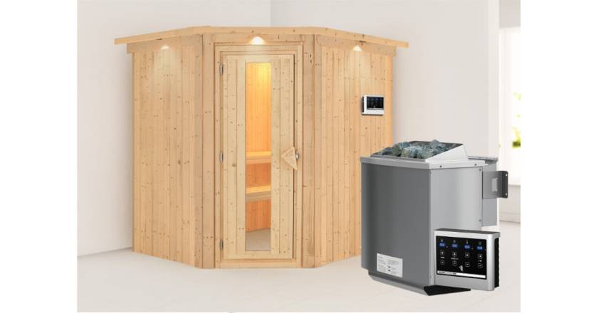 Karibu Sauna Siirin mit Dachkranz + 9kW BIO-Kombiofen mit ext. Steuerung Easy