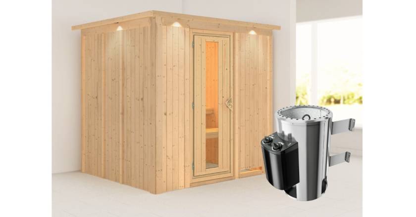 Karibu Sauna Daria mit Dachkranz + 3,6kW Saunaofen mit integr. Steuerung