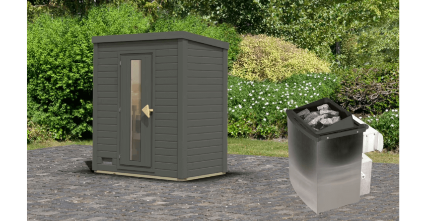 Karibu Sauna Hytti 0 terragrau mit 9 kW Ofen mit integrierter Steuerung