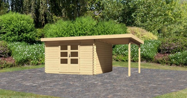 Karibu Gartenhaus Bastrup 7 mit Anbau 2m 28mm Blockbohlenhaus 540x297cm unbehandelt