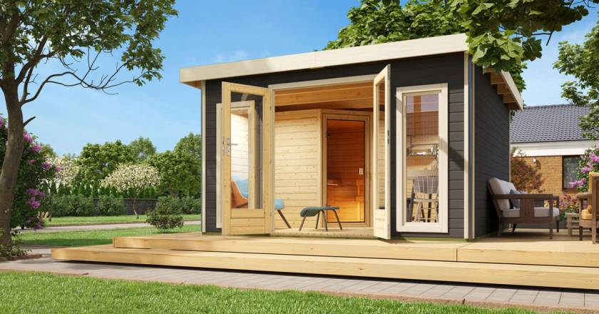 Karibu Sauna Mainburg 3 terragrau mit Vorraum ohne Ofen