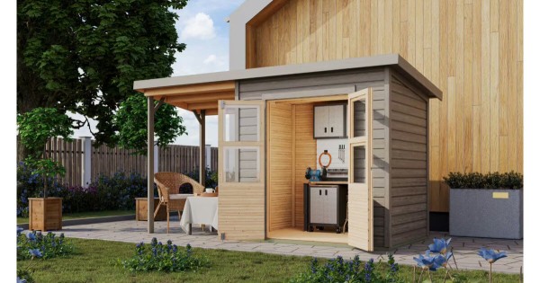 Karibu Gartenhaus 14mm Merseburg 3 Gerätehaus mit Anbau 370 x 154 cm vorvergraut