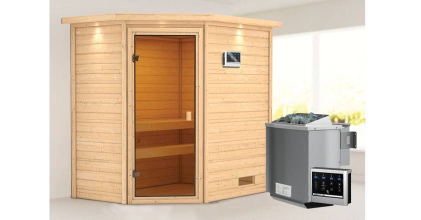 Karibu Jella Ecksauna mit Dachkranz + 9kW BIO-Kombiofen mit ext. Steuerung Easy