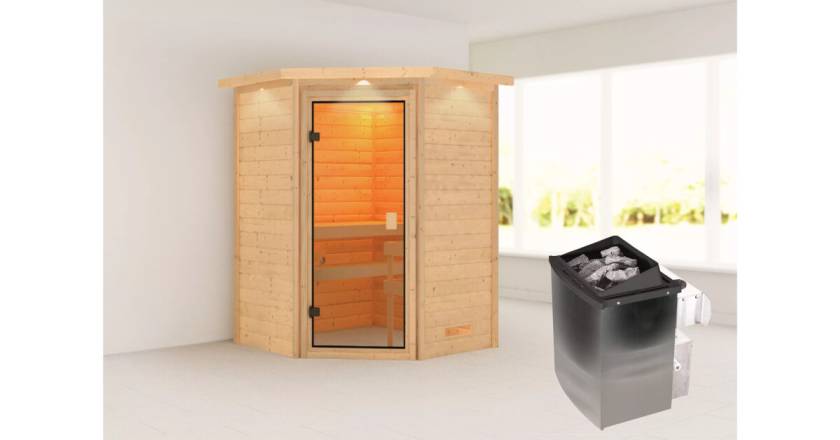 Karibu Ecksauna Antonia mit Dachkranz + 9kW Saunaofen mit integrierter Steuerung