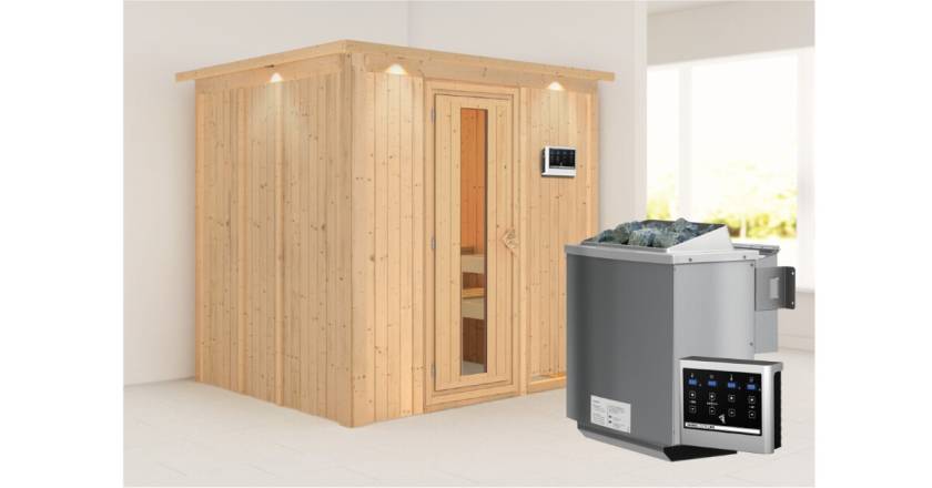 Karibu Sauna Sodin mit Dachkranz + 9kW BIO-Kombiofen mit ext. Steuerung Easy