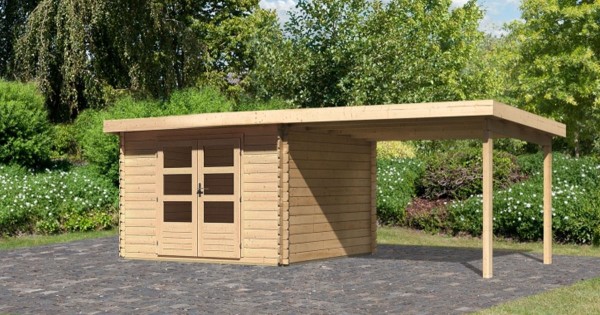 Karibu Gartenhaus Bastrup 3 mit Anbau 3m 28mm Blockbohlenhaus 580x237cm unbehandelt