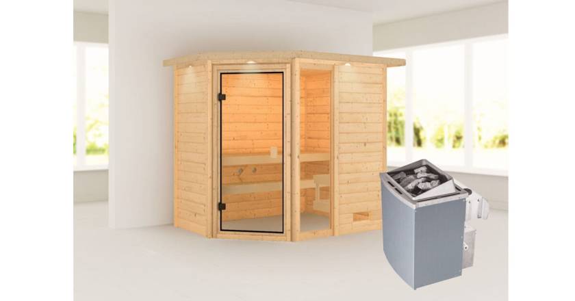 Karibu Sauna Jada mit Dachkranz + 9kW Saunaofen mit integrierter Steuerung