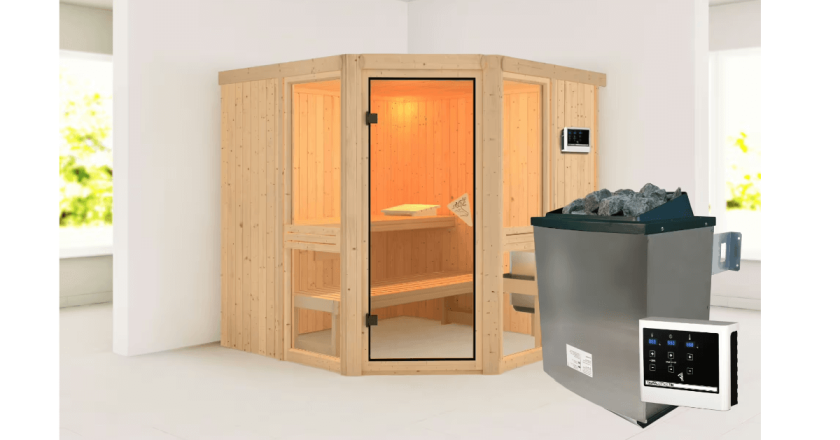 Karibu Sauna Amelia 2 ohne Dachkranz + 9 kW Ofen mit ext. Steuerung