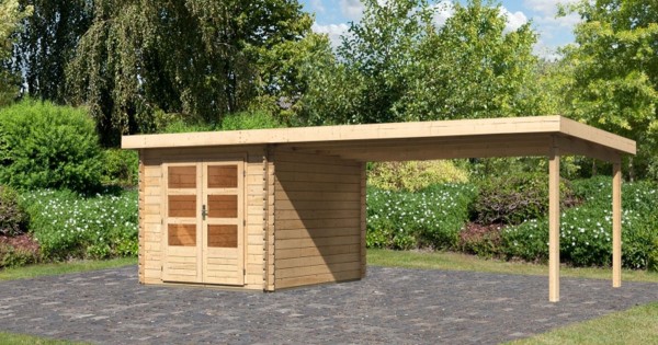 Karibu Gartenhaus Bastrup 4 mit Anbau 4m 28mm Blockbohlenhaus 620x297cm unbehandelt