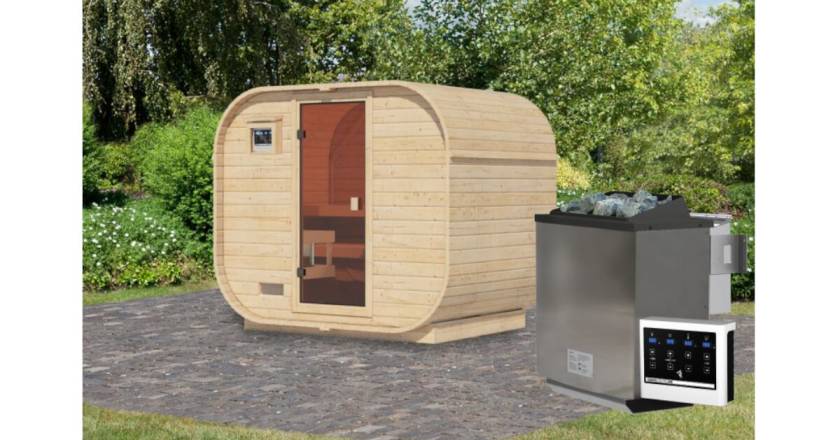 Karibu Fasssauna Quadro 1 Plus mit 9 kW Bio-Ofen mit externer Steuerung
