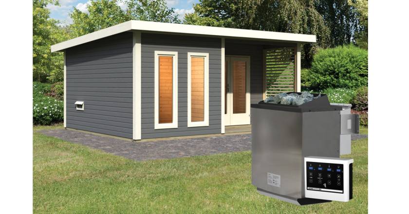 Karibu Sauna Mainburg 5 terragrau mit Vorraum + 9 kW BIO-Kombiofen mit ext. Steuerung Easy