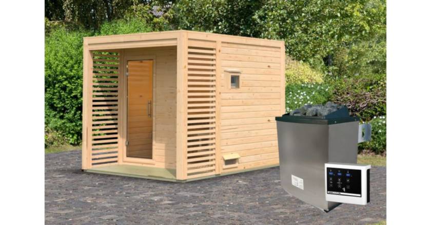 Karibu Sauna Angkor 2 naturbelassen mit 9 kW Ofen mit externer Steuerung