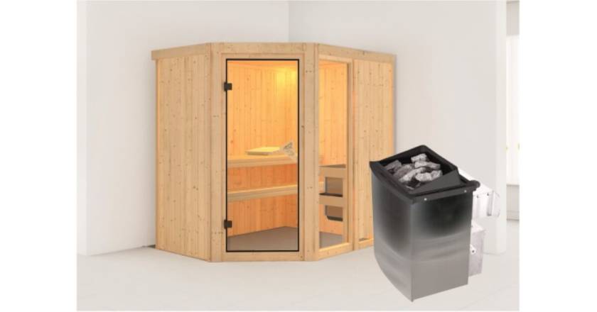 Karibu Sauna Fiona 1 ohne Dachkranz + 9kW Saunaofen mit integrierter Steuerung