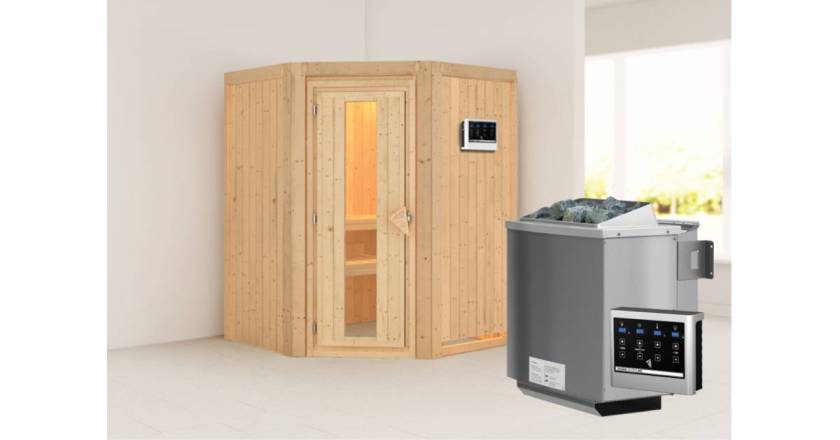 Karibu Sauna Larin + 9kW BIO-Kombiofen mit ext. Steuerung Easy